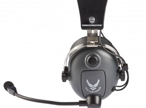 Sluchátka s mikrofonem ve stylu pilotů, černý design s logem 'US Air Force', zaměřeno na pohled zepředu.