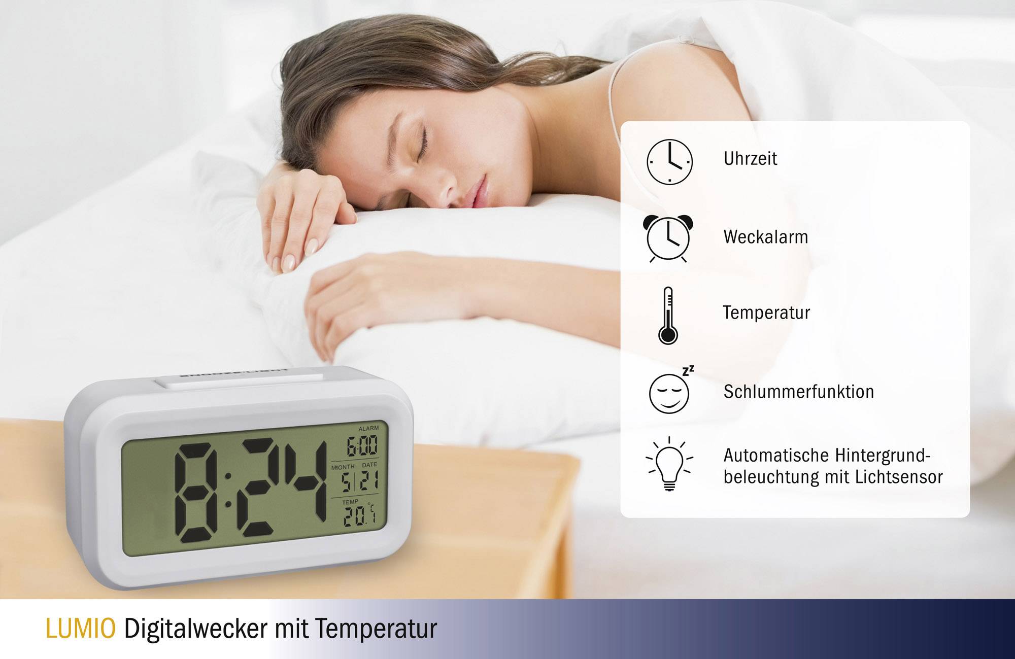 Žena spí vedle digitálního budíku s teplotním displejem. Čas: 8:24. Funkce: budík, teplota, odložení buzení, světelný senzor.