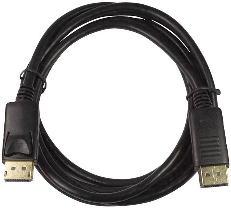 Černý kabel položený do kruhu s dvěma identickými koncovými zástrčkami, přičemž obě zástrčky mají obdélníkové přípojky.