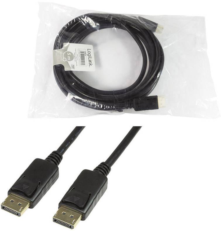 Černý DisplayPort kabel v plastovém obalu. Jsou viditelné dva DisplayPort konektory.