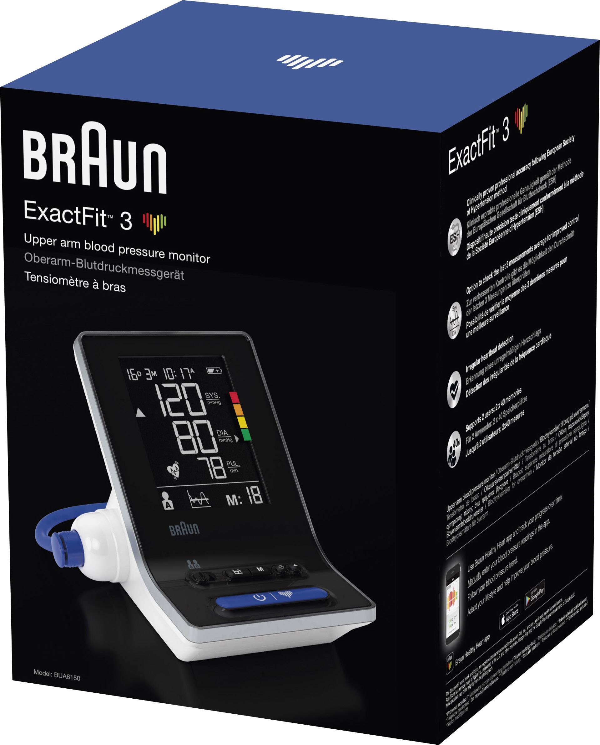Obal přístroje pro měření krevního tlaku na paži Braun ExactFit 3, zobrazující produktovou ilustraci s displejem, logem a vícejazyčným popisem.