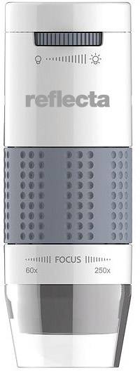 Digitální mikroskop 'reflecta' se šedou rukojetí a ostřicím regulátorem, umožňuje zvětšení od 60x do 250x pro detailní snímky.