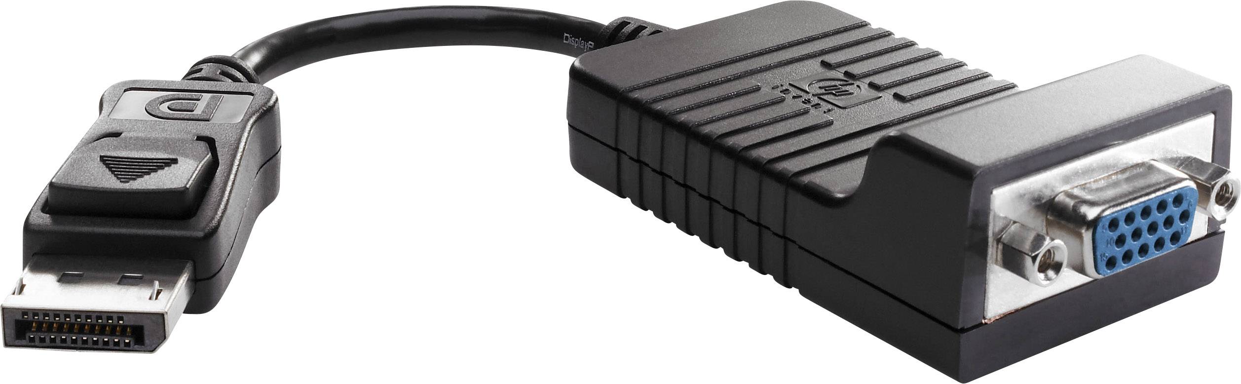 Černý DisplayPort-na-VGA adaptér, který převádí digitální signál na analogový, určený pro propojení zařízení.