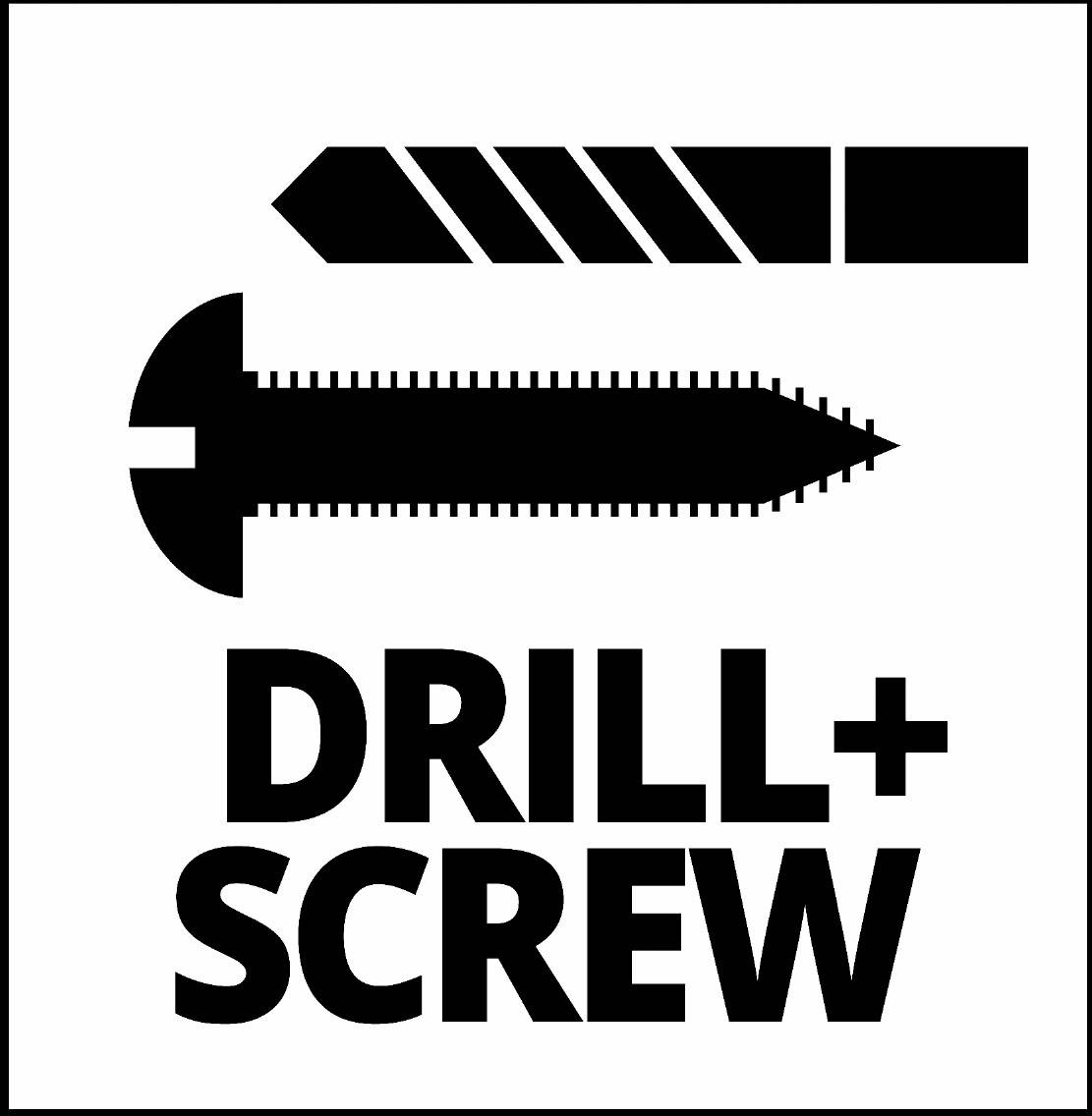 Dva symboly: Vrtačka nahoře a šroub dole. Pod nimi text 'DRILL + SCREW'.
