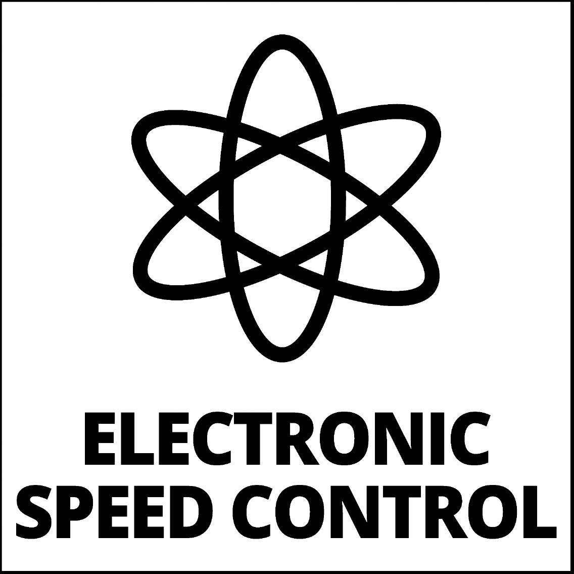 Černý symbol atomu nad textem 'Electronic Speed Control' na bílém pozadí.