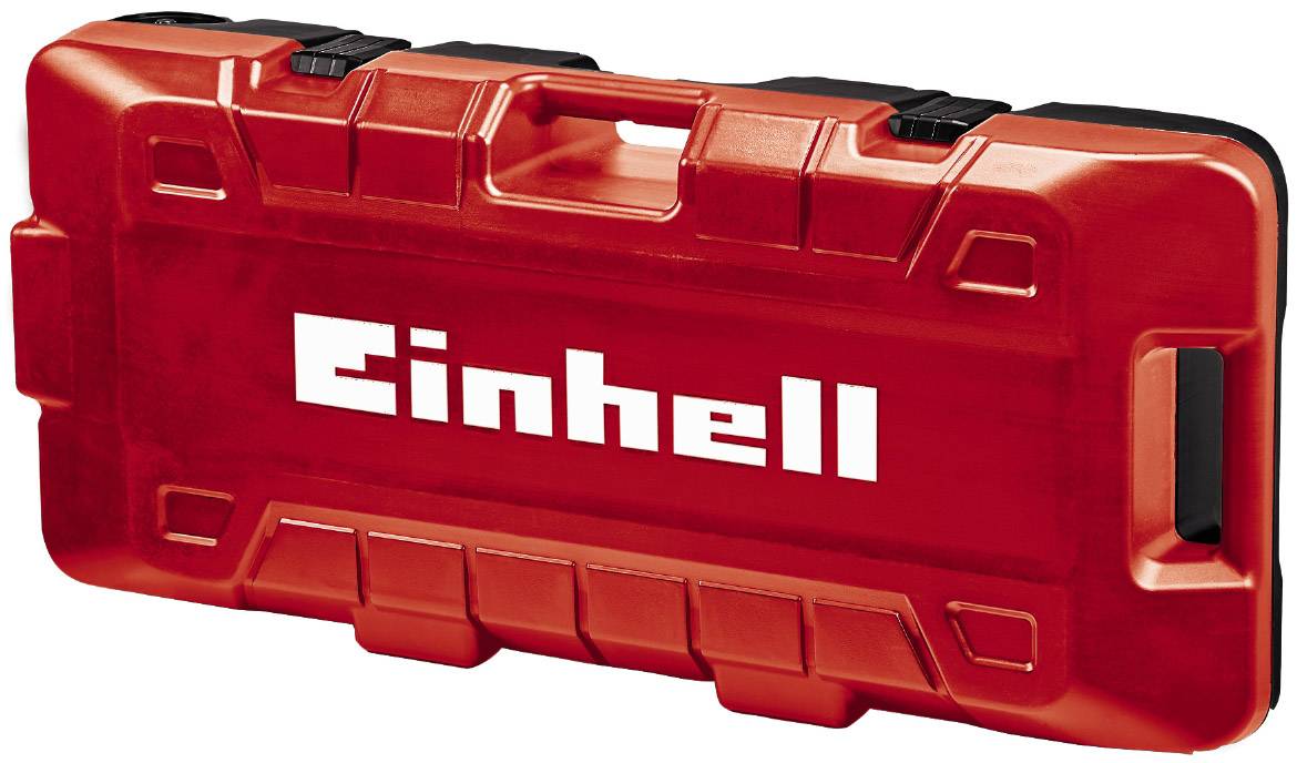 Červený kufřík na nářadí s nápisem 'Einhell', madlo nahoře, čtvercový tvar, robustní design.