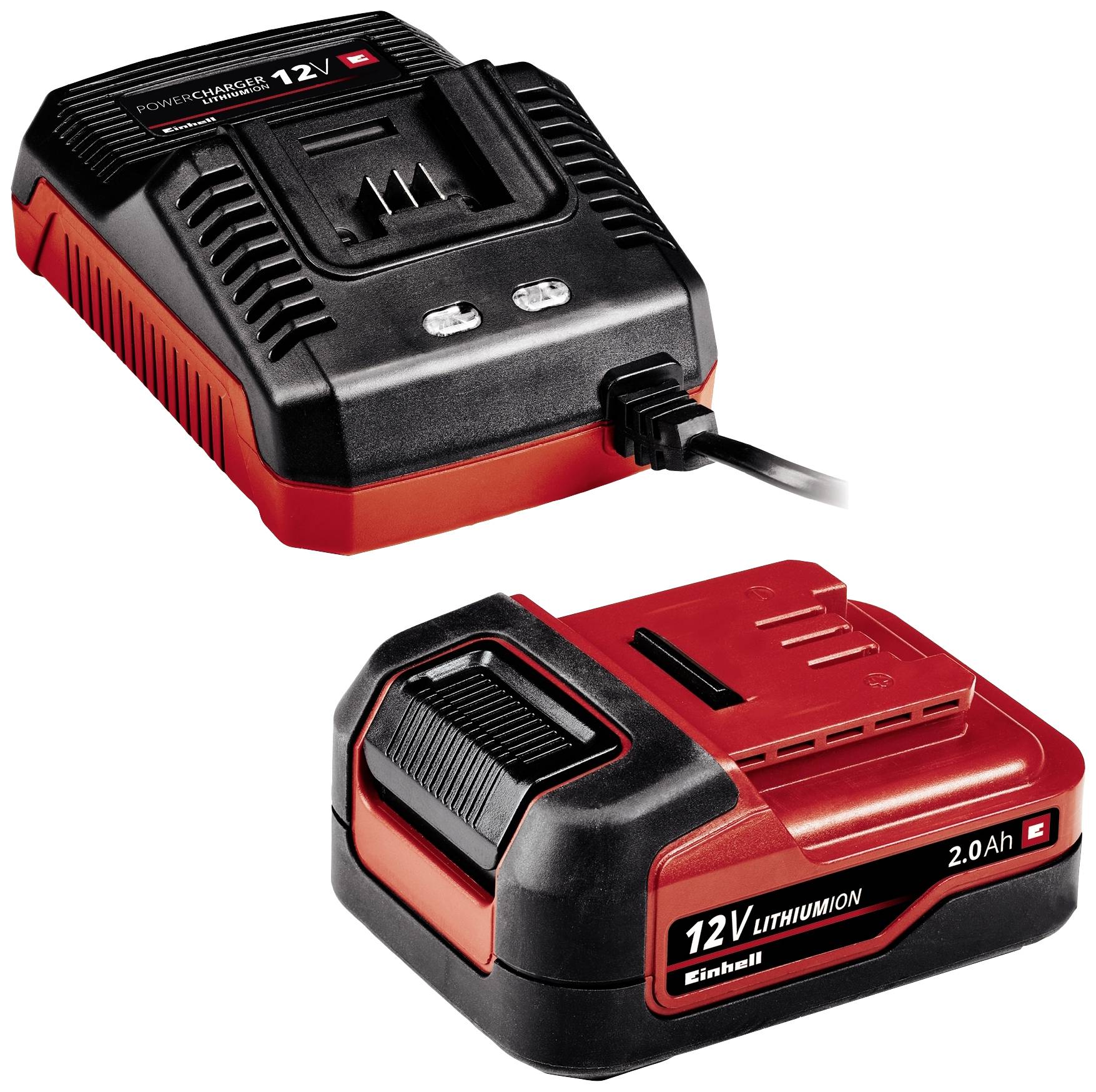 12V lithium-iontová baterie s nabíječkou, vhodná pro elektrické nářadí. Baterie má kapacitu '2.0 Ah', oba díly jsou navrženy v černo-červené barevné kombinaci.