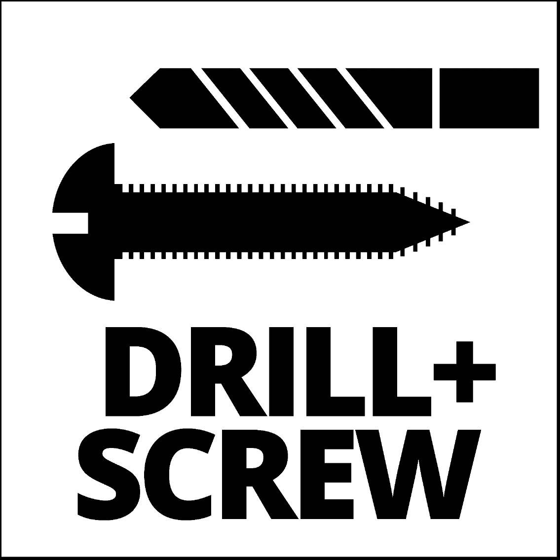 Obrázek zobrazuje špičku vrtáku a šroub s textem 'DRILL + SCREW'.