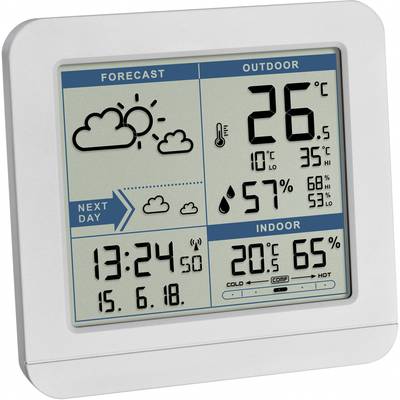 Digitální teploměr zobrazuje předpověď počasí, venkovní teplota 26°C, vnitřní teplota 20°C a vlhkost vzduchu 57% venku, 65% uvnitř.