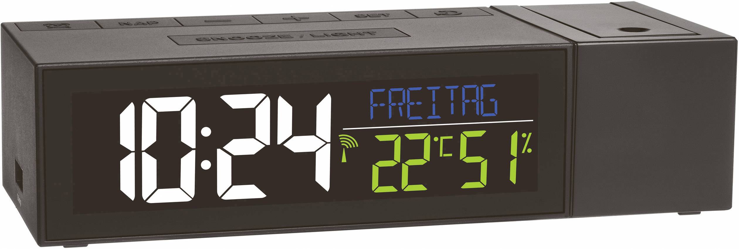 Černý digitální budík ukazuje '10:24', 'pátek' a '22°C 51%'.