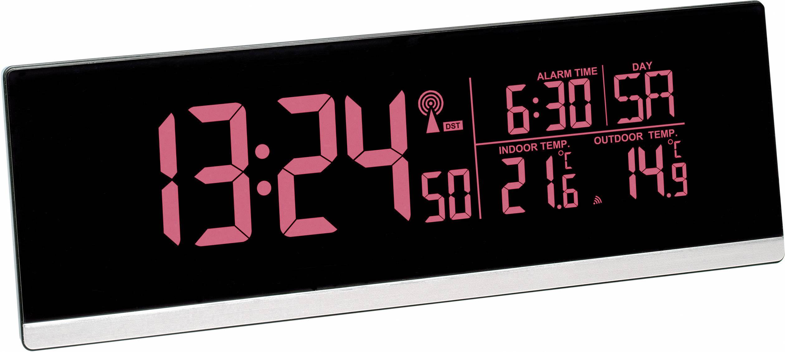 Elektronické hodiny s červeným displejem ukazují '13:24'; budík nastaven na 6:30; vnitřní a venkovní teplota: 21,6°C a 14,9°C.