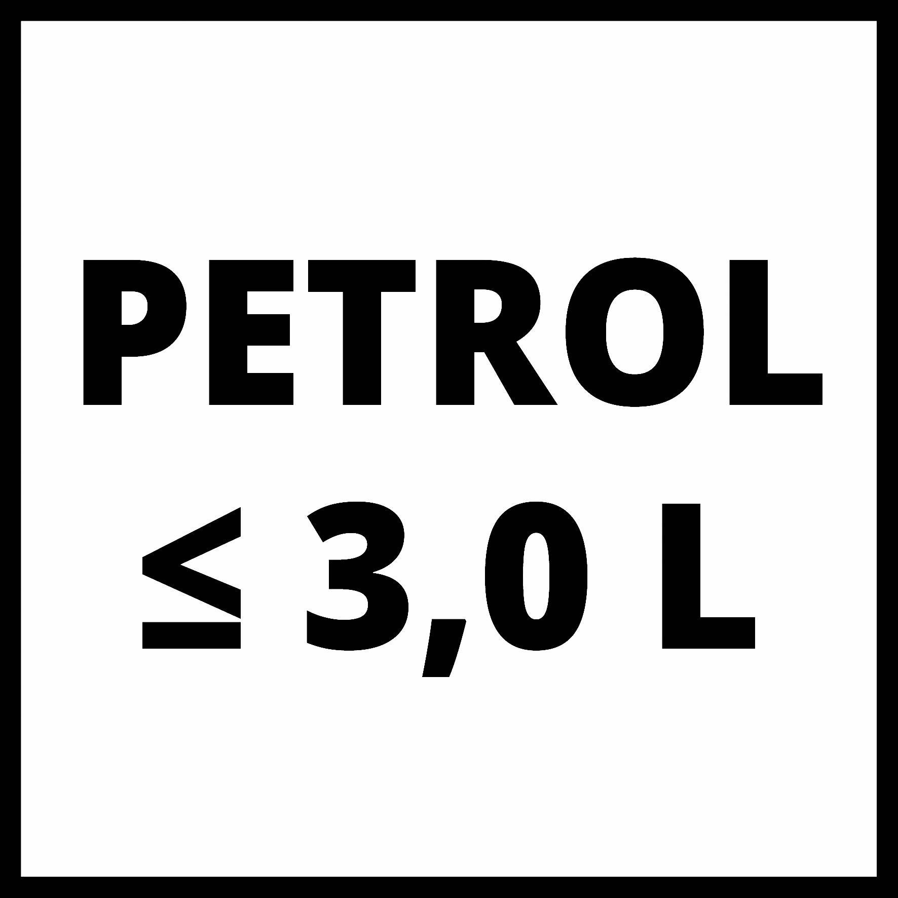 "BENZÍN ≤ 3,0 L" je umístěn v černém rámečku na bílém pozadí, pravděpodobně jako upozornění na omezení množství benzínu.