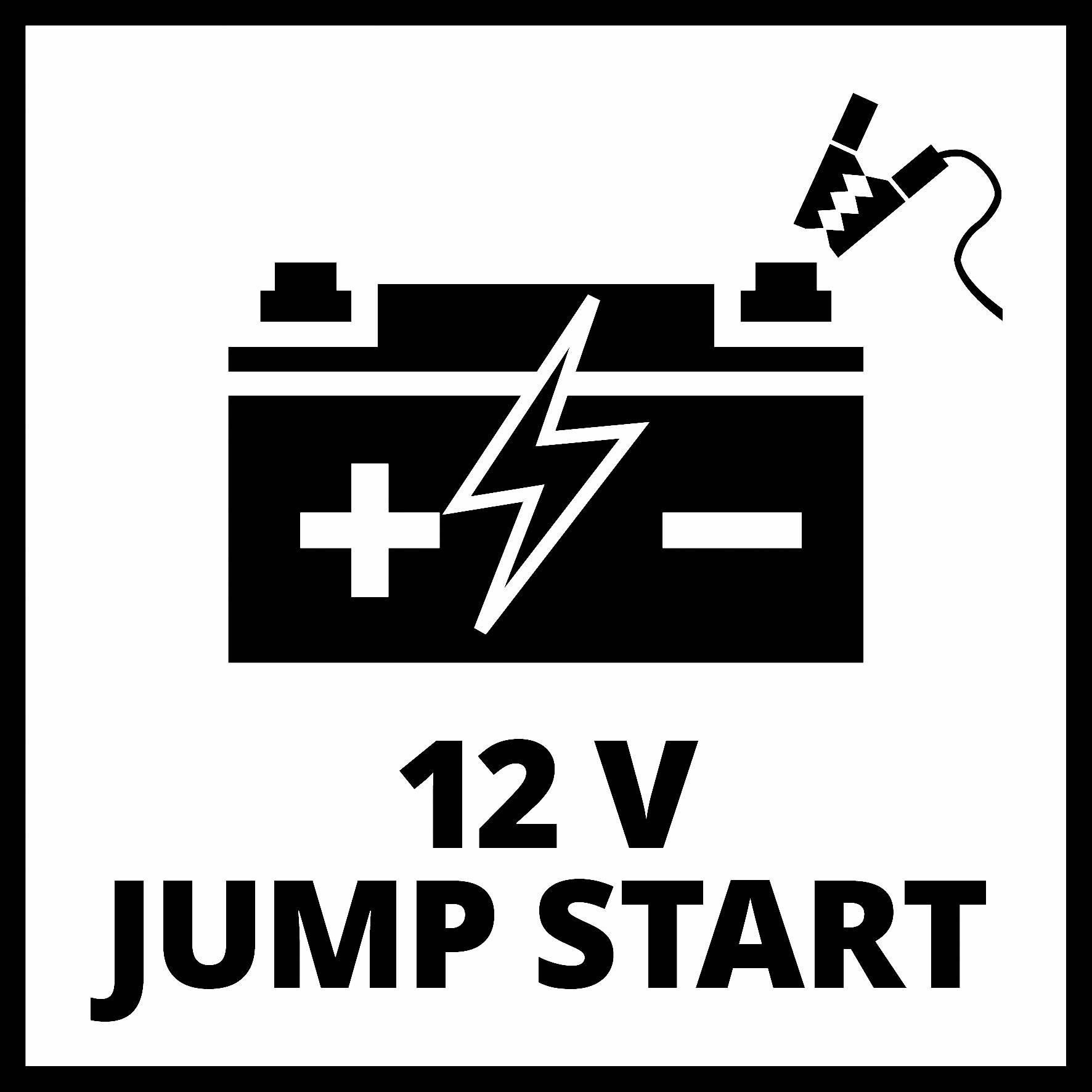 Symbol autobaterie s kladným a záporným pólem, bleskem a připojenou svorkou. Text: 12 V Startovací rozvod.