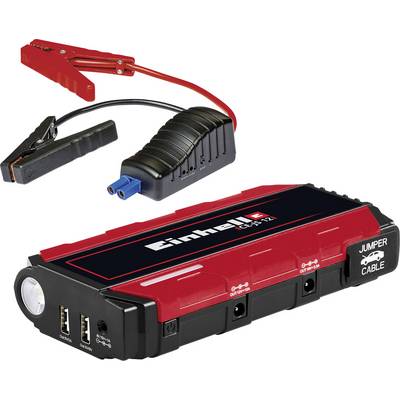 Startovací zařízení v červeno-černé barvě se dvěma USB porty a kabelovými svorkami, vhodné pro nastartování autobaterií.