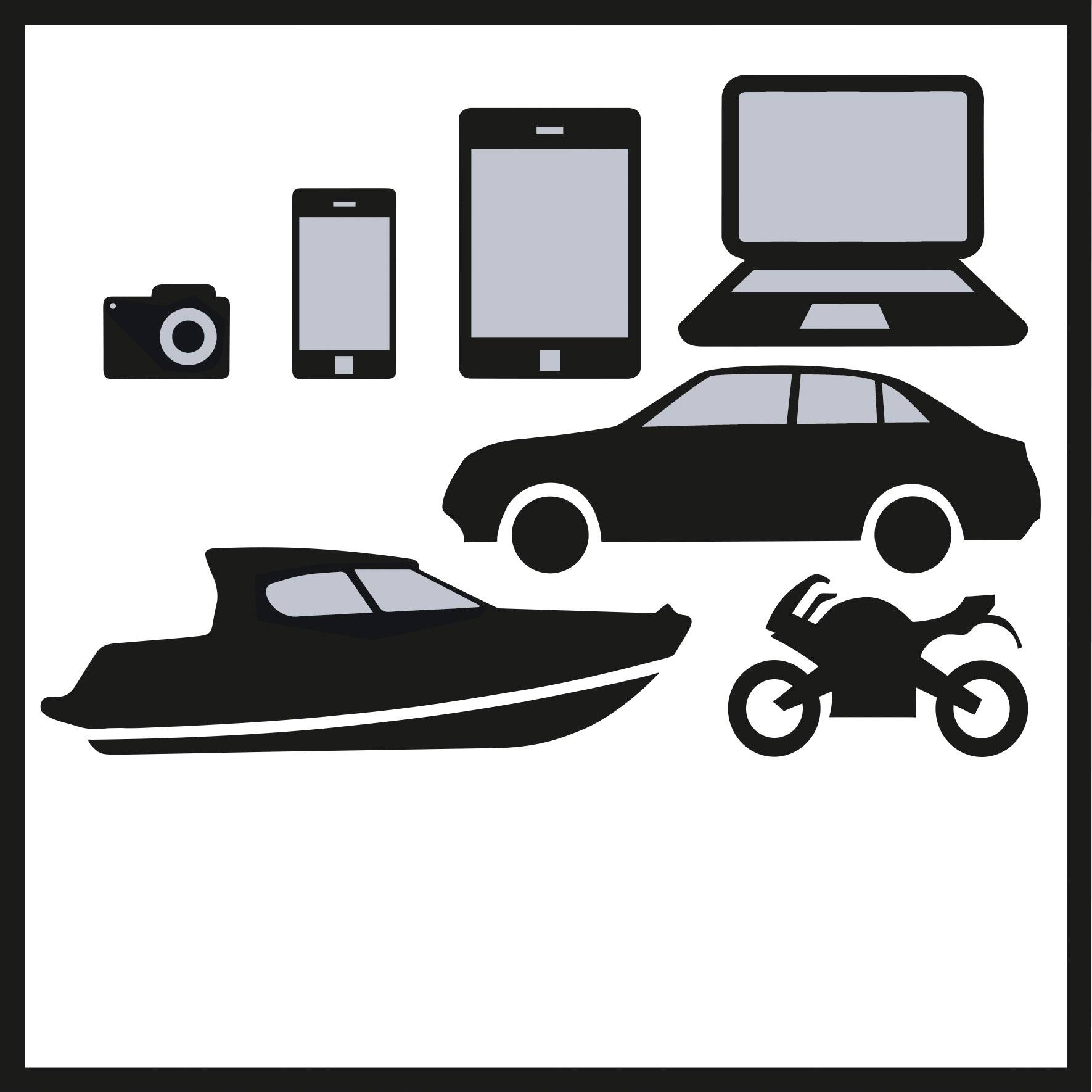 Elektronické a vozidlové piktogramy: Kamera, smartphone, tablet, laptop, automobil, loď a motocykl, všechny v černobílém provedení.