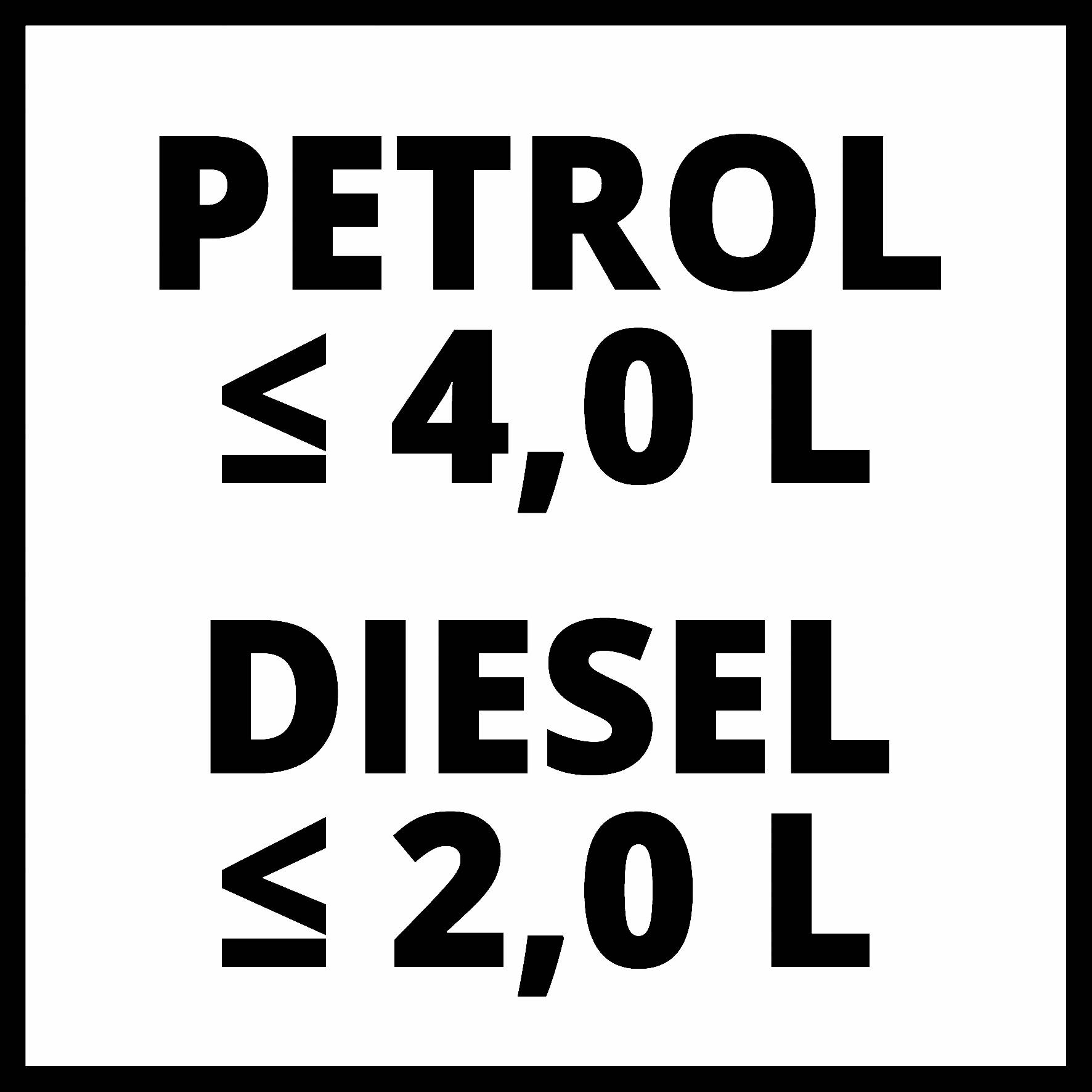 "BENZÍN ≤ 4,0 L" a "NAFTA ≤ 2,0 L" černým písmem na bílém pozadí.