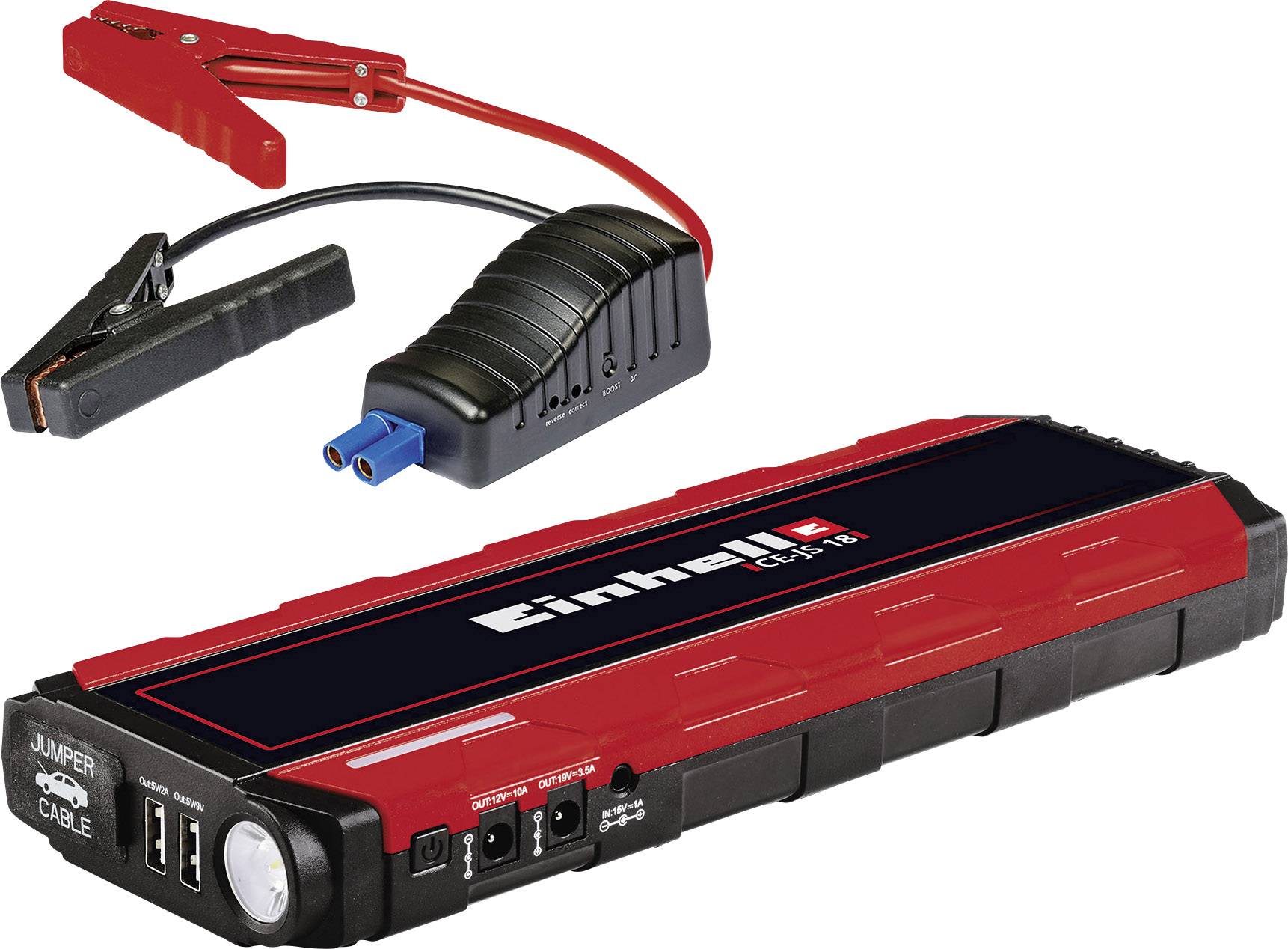 Přenosný startovací zdroj autobaterie s kabelovými svorkami, USB porty a vestavěnou svítilnou, ideální pro nouzové startování vozidel.