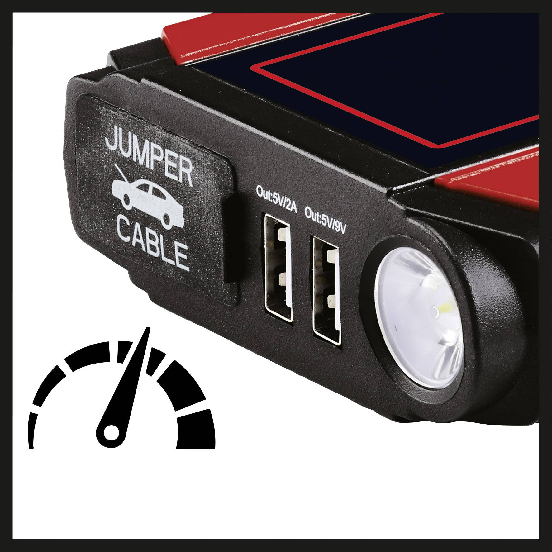 Přenosný startovací zdroj se dvěma USB porty, svítilnou a nápisem 'Jumper Cable'.