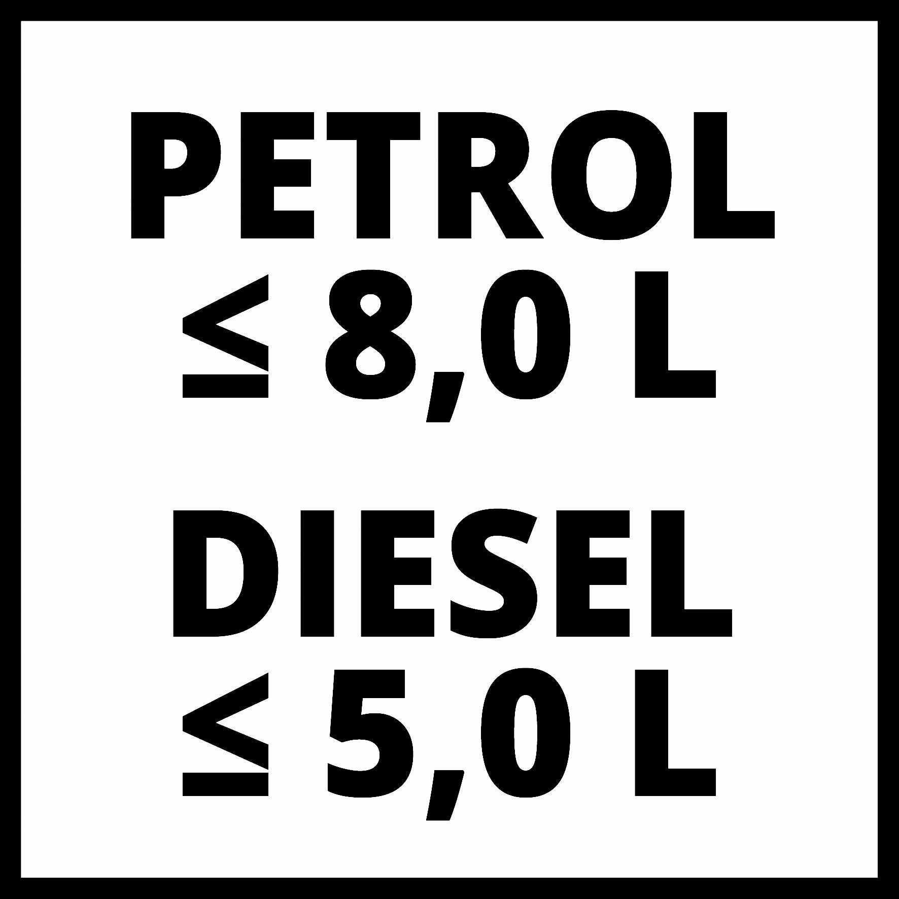 'BENZÍN ≤ 8,0 L, NAFTA ≤ 5,0 L' černými písmeny na bílém pozadí.