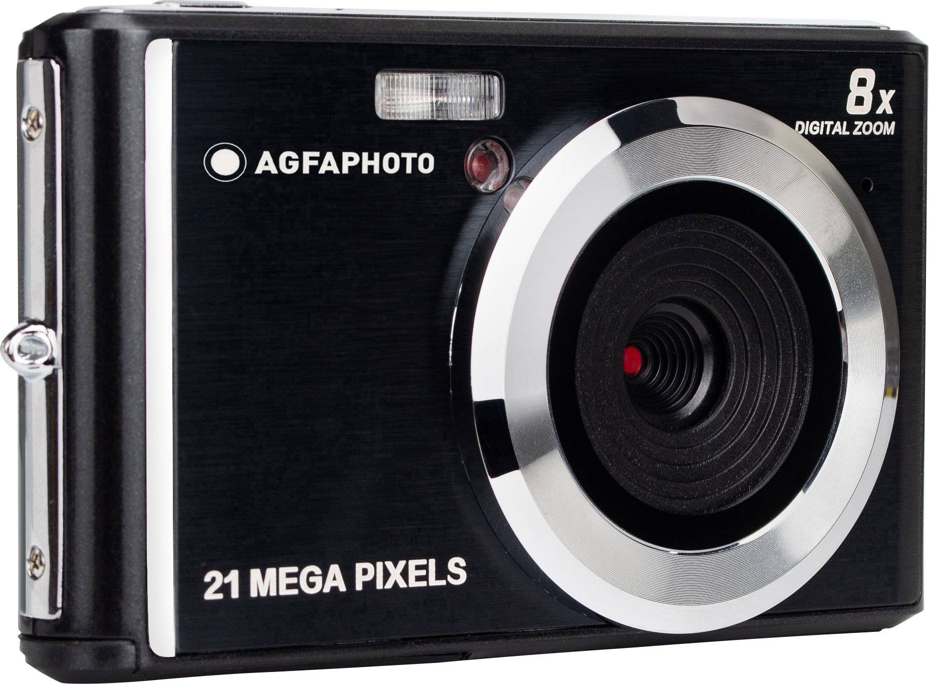 Digitální fotoaparát s 21 megapixely, 8násobným zoomem a logem značky 'AGFAPHOTO'. Přední strana s velkým objektivem a bleskem.