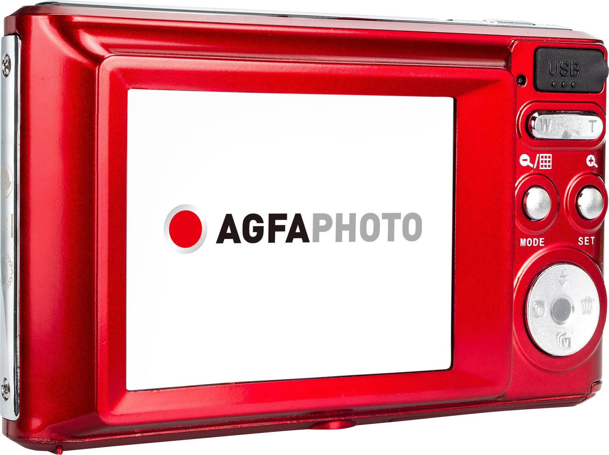 Červený digitální fotoaparát pohledem zezadu s aktivovaným displejem zobrazujícím logo 'AGFAPHOTO'. Vpravo se nachází několik ovládacích prvků.