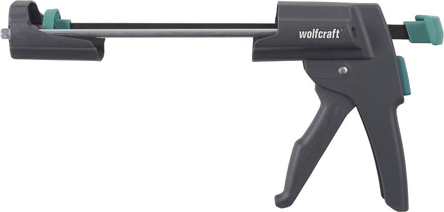 Kartušová pistole Wolfcraft v černé barvě se zeleným uzávěrem, vhodná pro silikonové nebo lepicí kartuše.