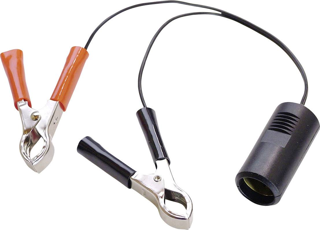 Bateriové svorky jsou propojeny adaptérovým kabelem. Jedna svorka je červená, druhá černá a kabel končí zástrčkou.