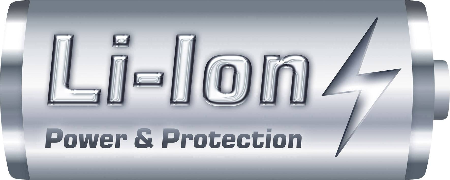 Grafika zobrazuje stříbrnou baterii s nápisem 'Li-Ion Power & Protection' a bleskem.