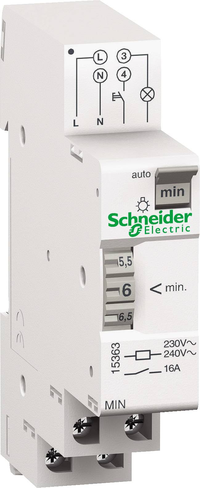 Elektronický spínací časový spínač od Schneider Electric s nastavitelnou časovou stupnicí a šroubovými svorkami, určený pro 230V/240V při 16A.