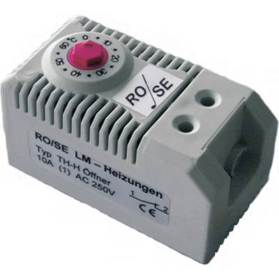 Termostat s červeným nastavovacím knoflíkem pro teploty od 0 do 60 stupňů Celsia. Nápis: 'RO/SE LM – Topení, typ TH-H Otevřený'.