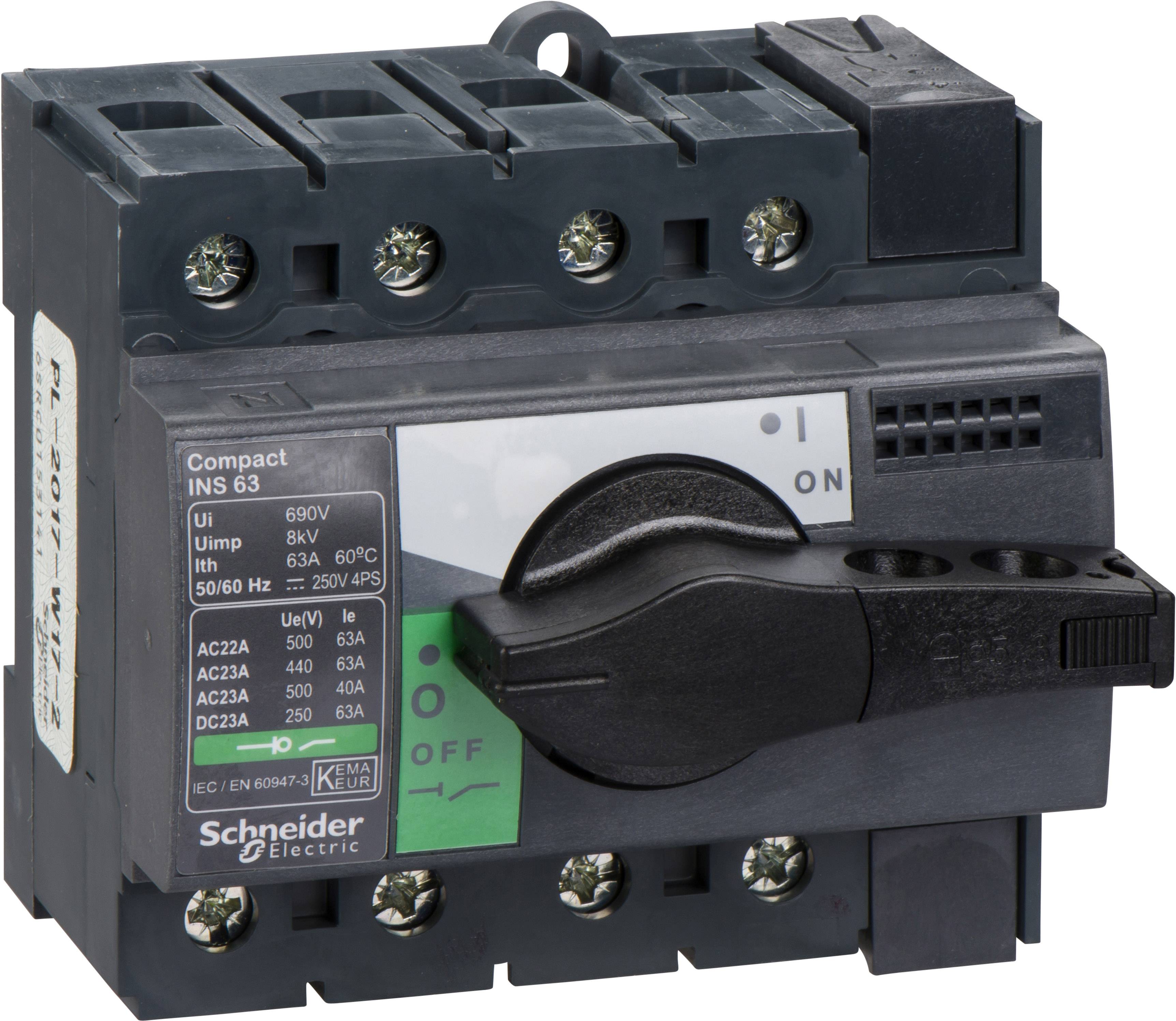 Schneider Electric Compact INS 63 odpínač, 63A, černý, s vypínačem ON/OFF a technickými údaji na štítku.