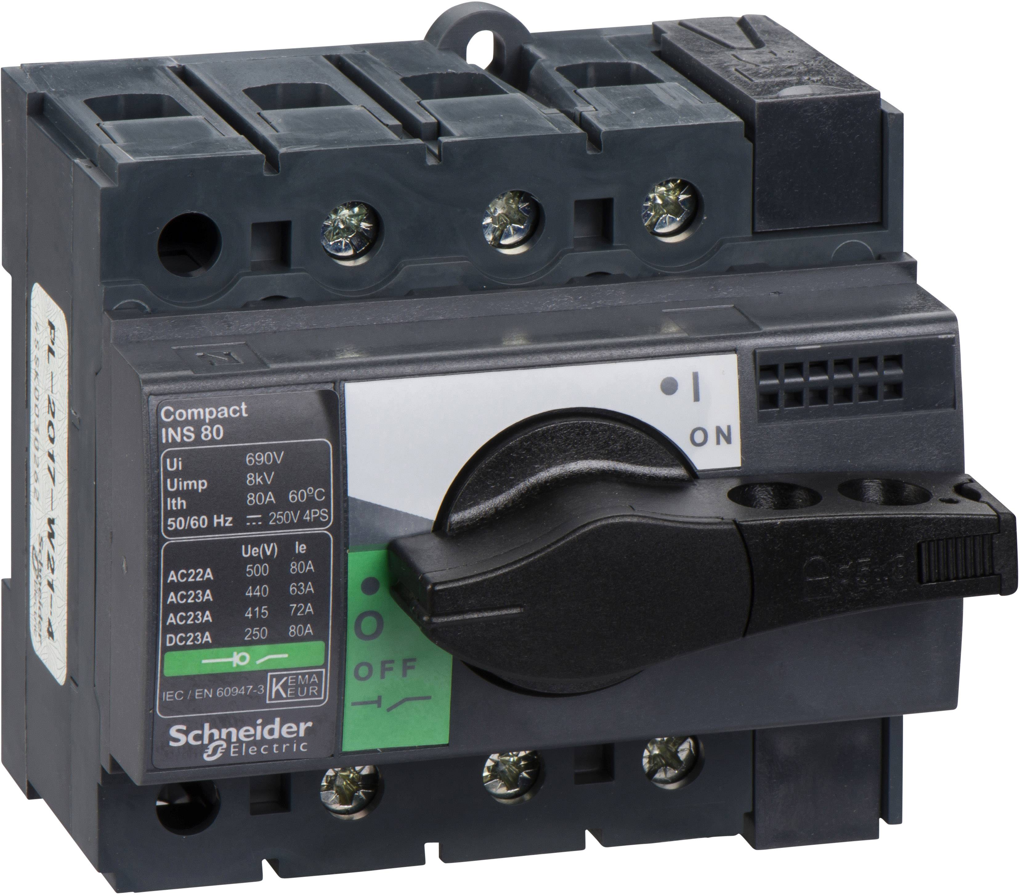 Elektrický výkonový vypínač od Schneider Electric s vypínačem zapnuto/vypnuto a technickými specifikacemi na přední straně.
