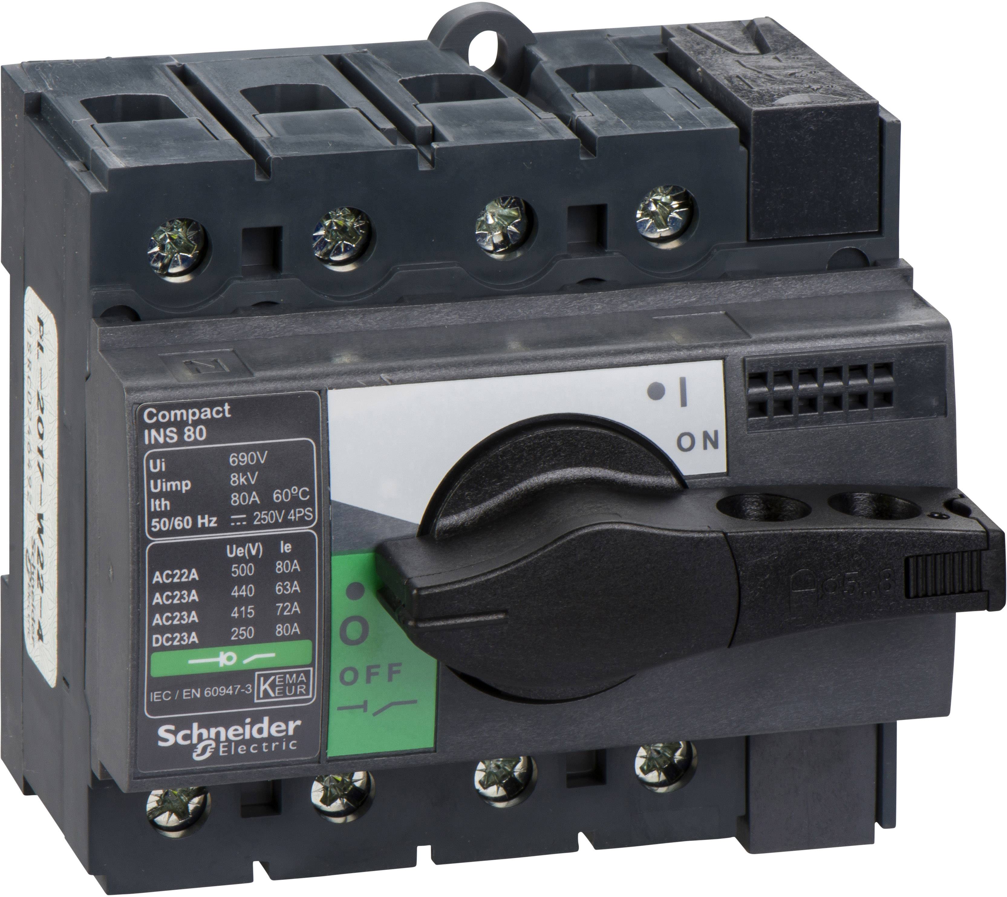 Výkonový vypínač Schneider Electric, model INS 80. Vypínač v poloze 'Vypnuto'. Černý plastový kryt.