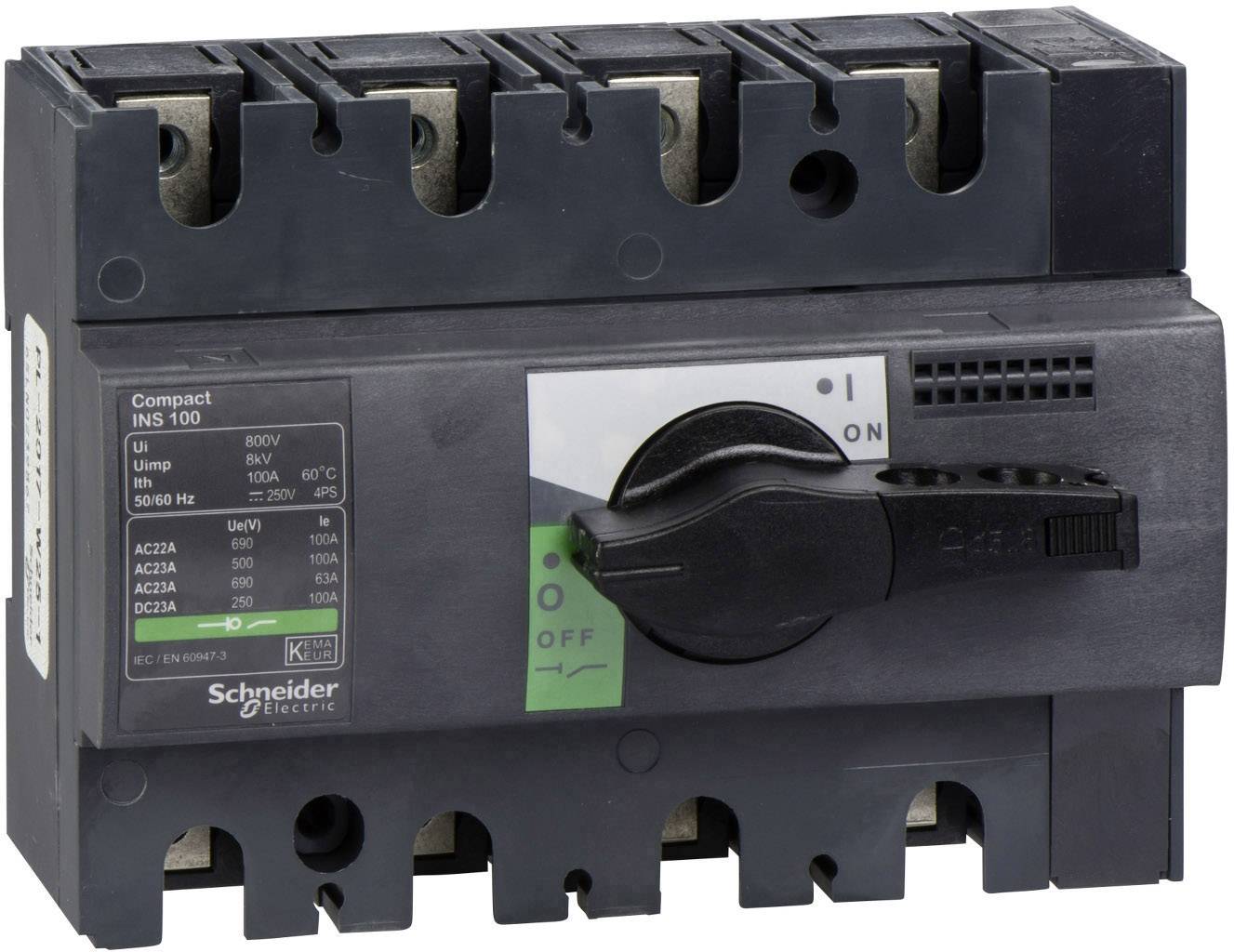 Černý výkonový jistič od Schneider Electric s přepínačem 'ZAP' a 'VYP', namontovaný na šedé desce.