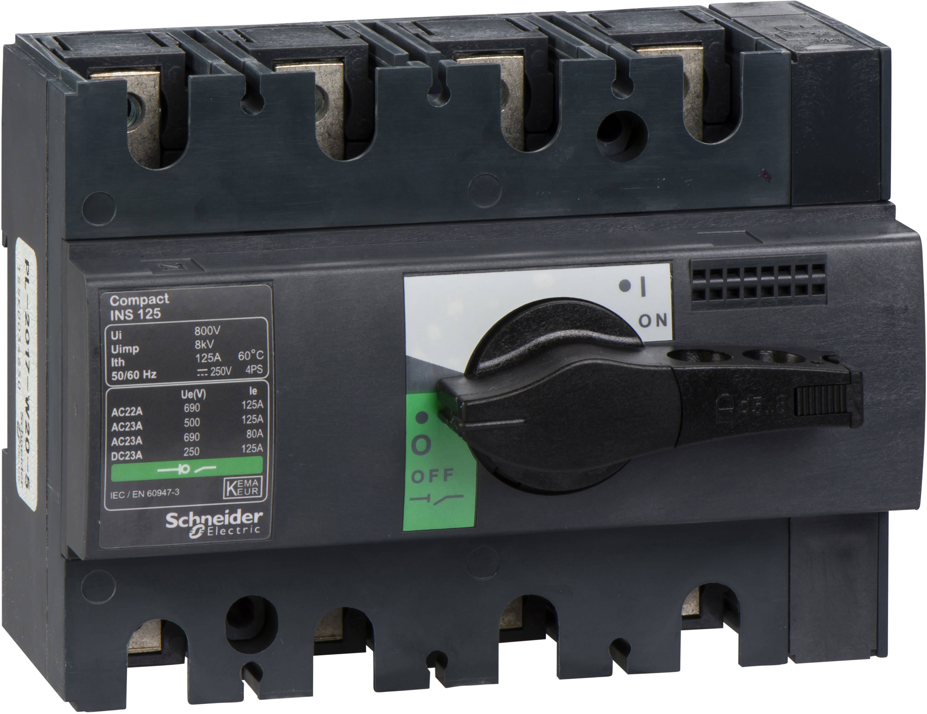 Černý výkonový spínač společnosti Schneider Electric s vypínačem zap/vyp a technickými specifikacemi na přední straně.