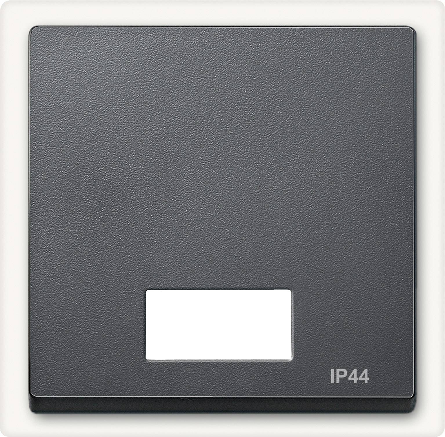 Spínač s pravoúhlým tlačítkem a nápisem 'IP44', vhodný do vlhkého prostředí.