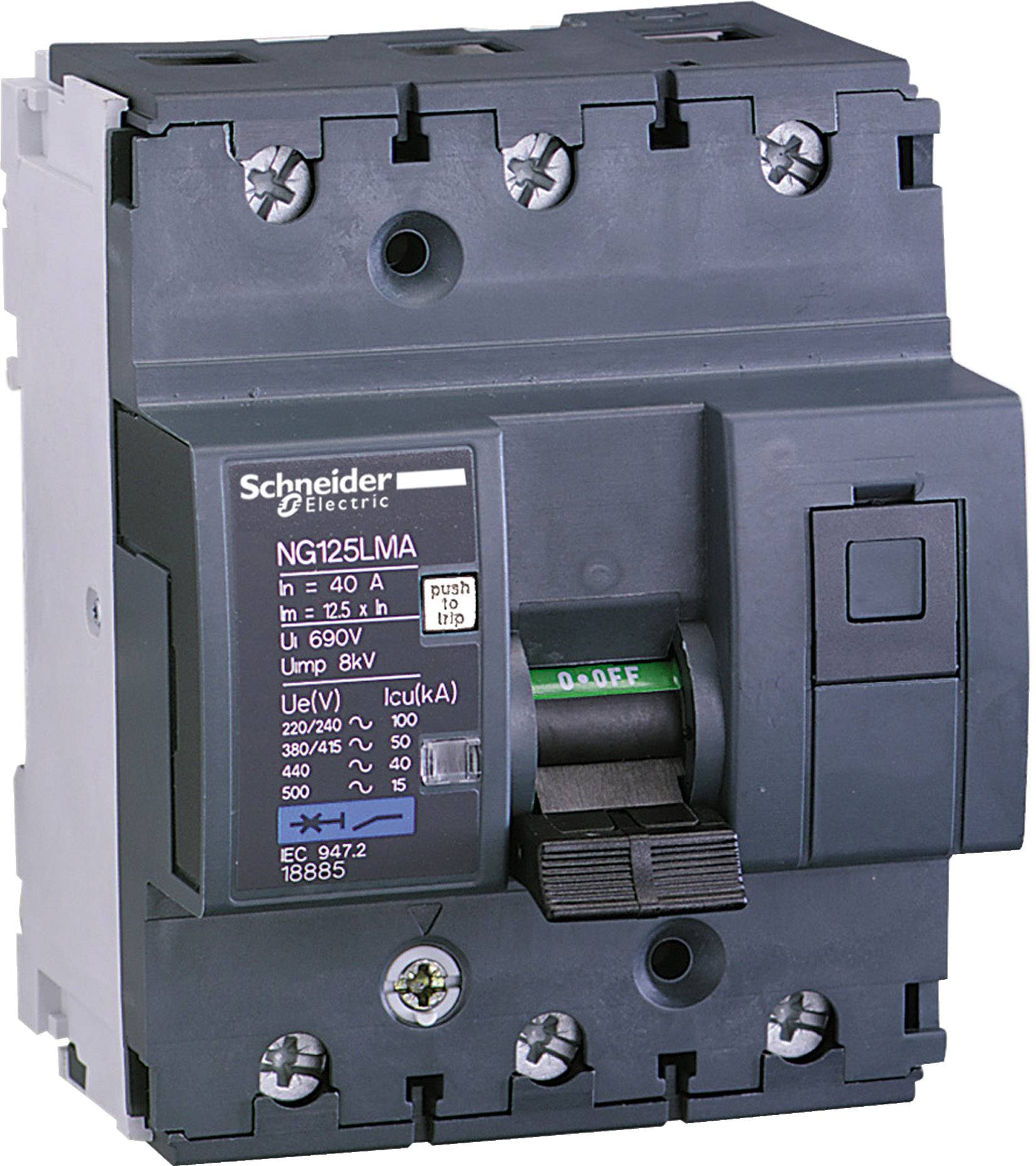 Černý výkonový jistič od společnosti Schneider Electric, model NG125LMA, zobrazuje technické specifikace na přední straně.