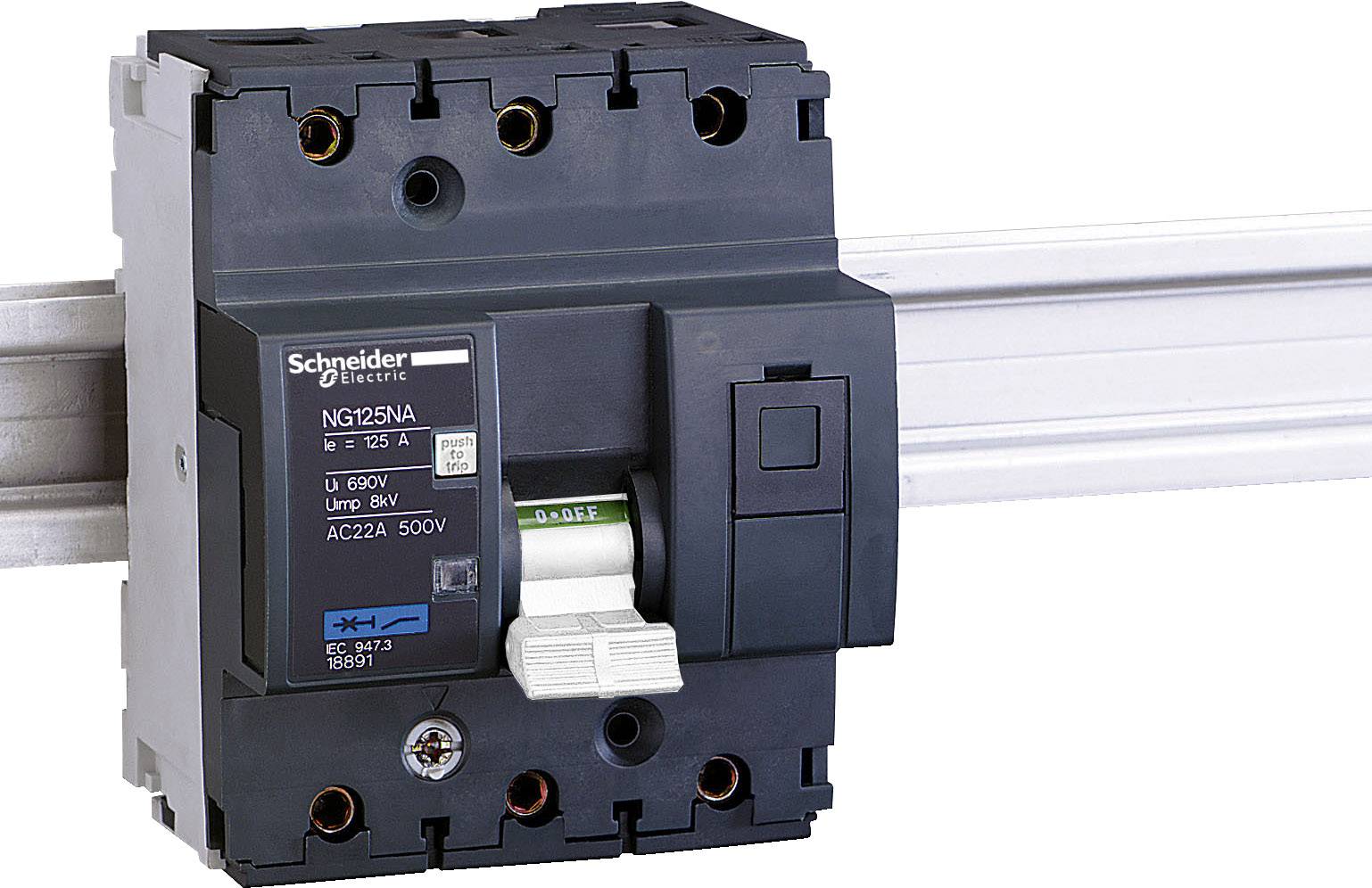 Výkonový spínač společnosti Schneider Electric namontovaný na kolejnici, vhodný pro 600 V a 125 A.