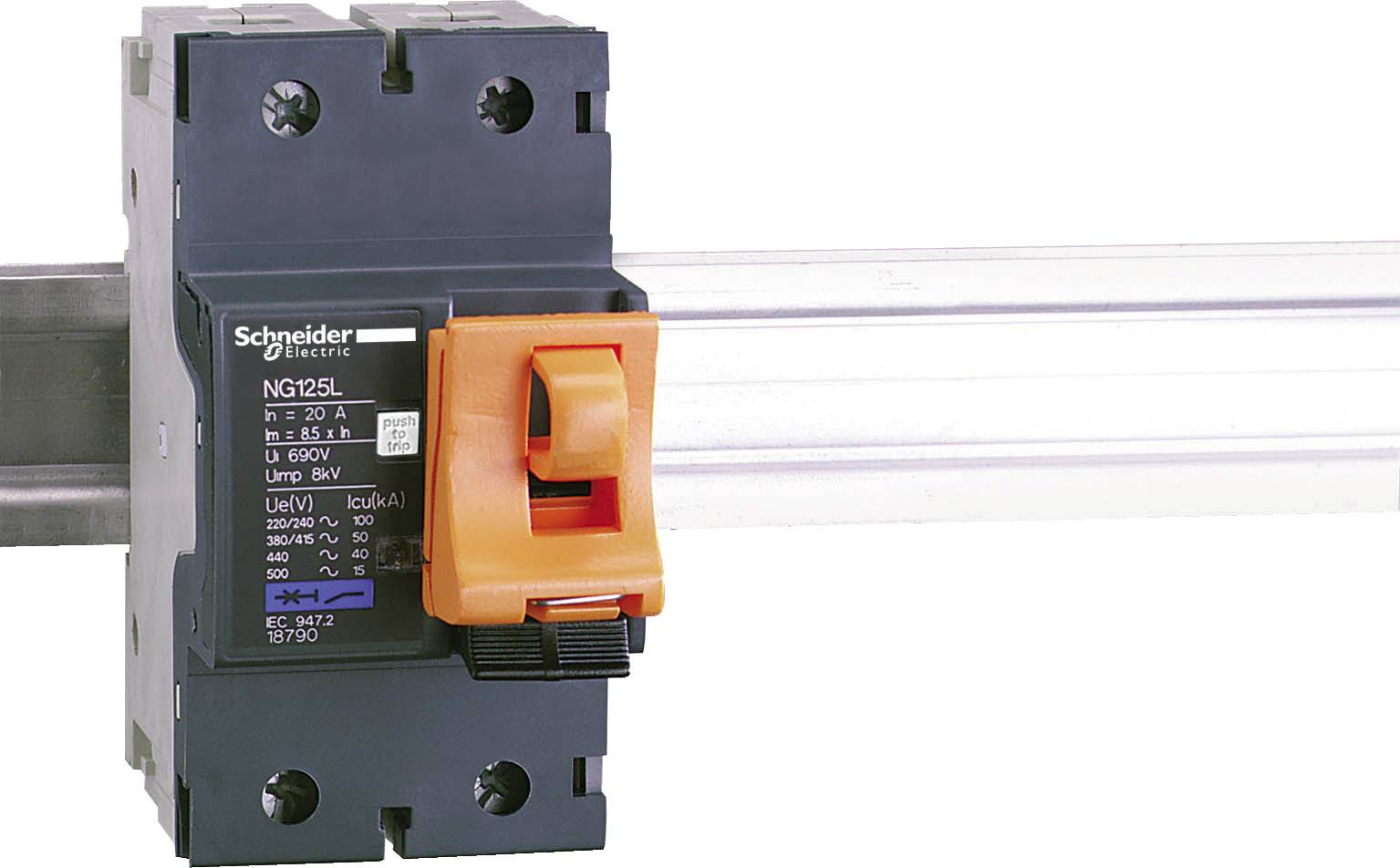 Jistič od Schneider Electric s oranžovou pákou. Model NG125L. Určen k montáži na lištu, napětí až 690V.