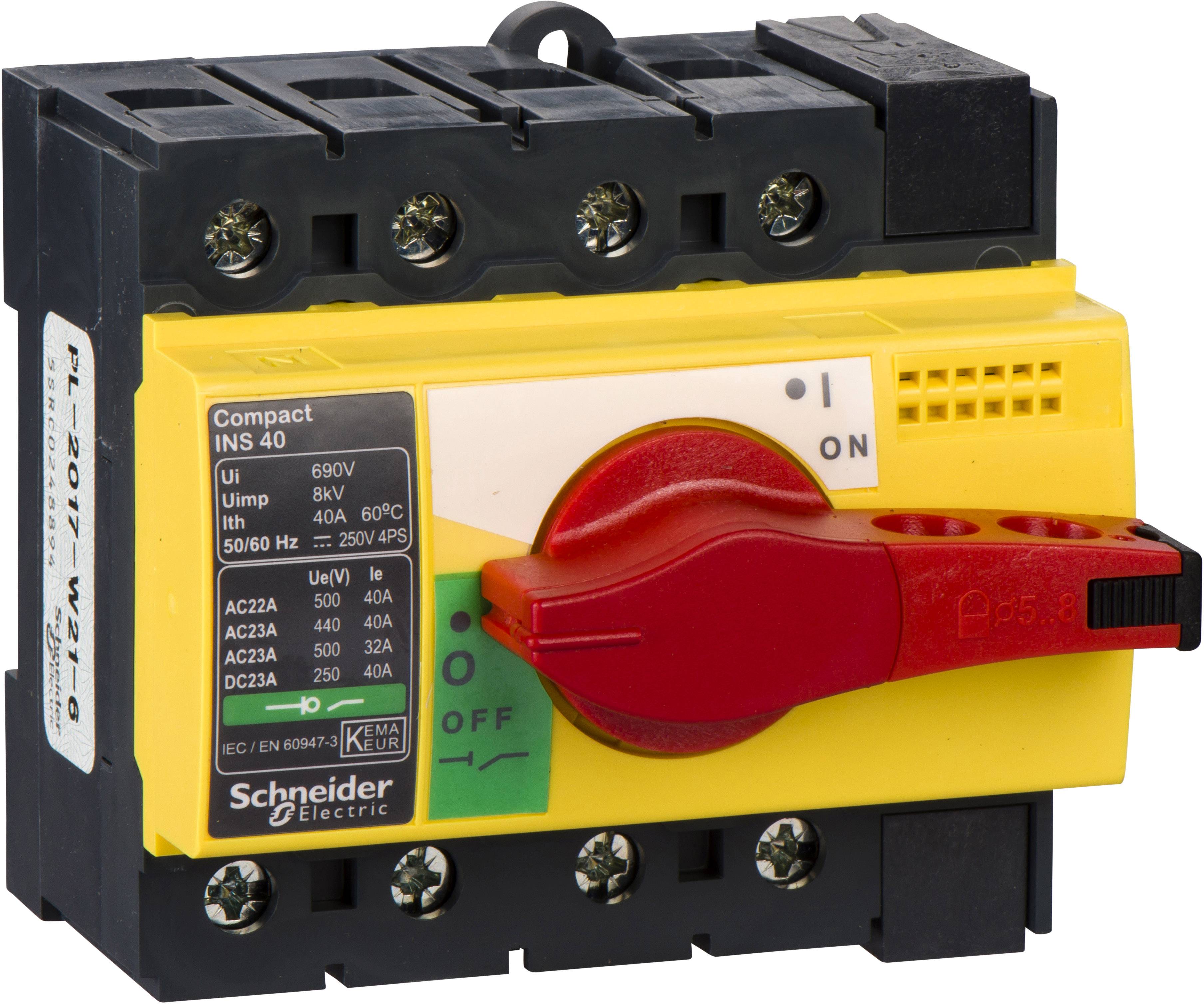 Odpojovač Schneider Electric Compact INS 40 s červeným ovládacím prvkem a žlutým krytem. Poloha páky je v pozici 'Vypnuto'.