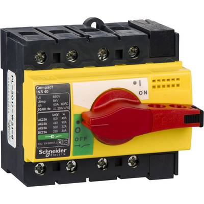 Odpojovač Schneider Electric Compact INS 40 s červeným ovládacím prvkem a žlutým krytem. Poloha páky je v pozici 'Vypnuto'.