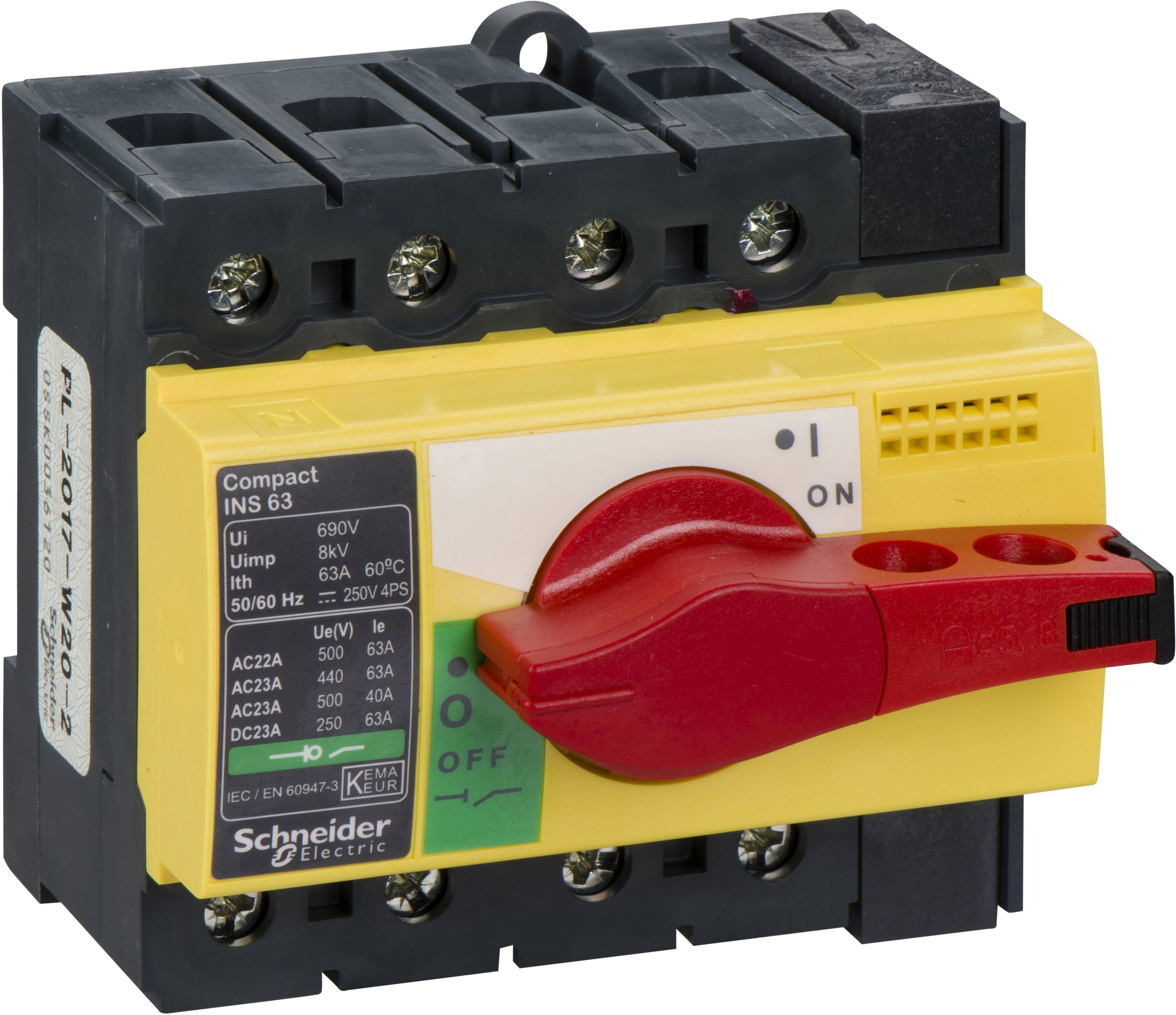 Žlutý otočný přepínač na černém zařízení značky 'Schneider Electric'. Přepínač je nastaven do polohy 'ZAP'.