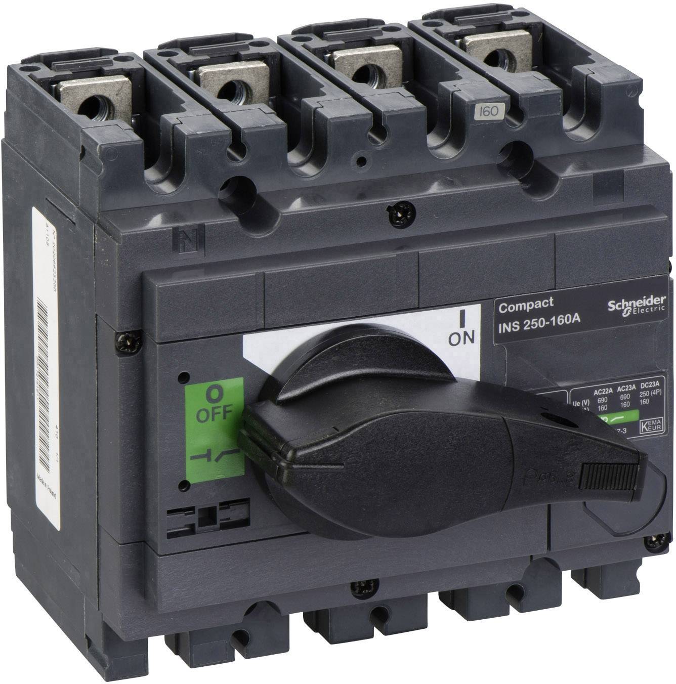 Černý elektrický výkonový vypínač od Schneider Electric, model INS 250-160A, s velkkou pákou a čtyřmi svorkami.