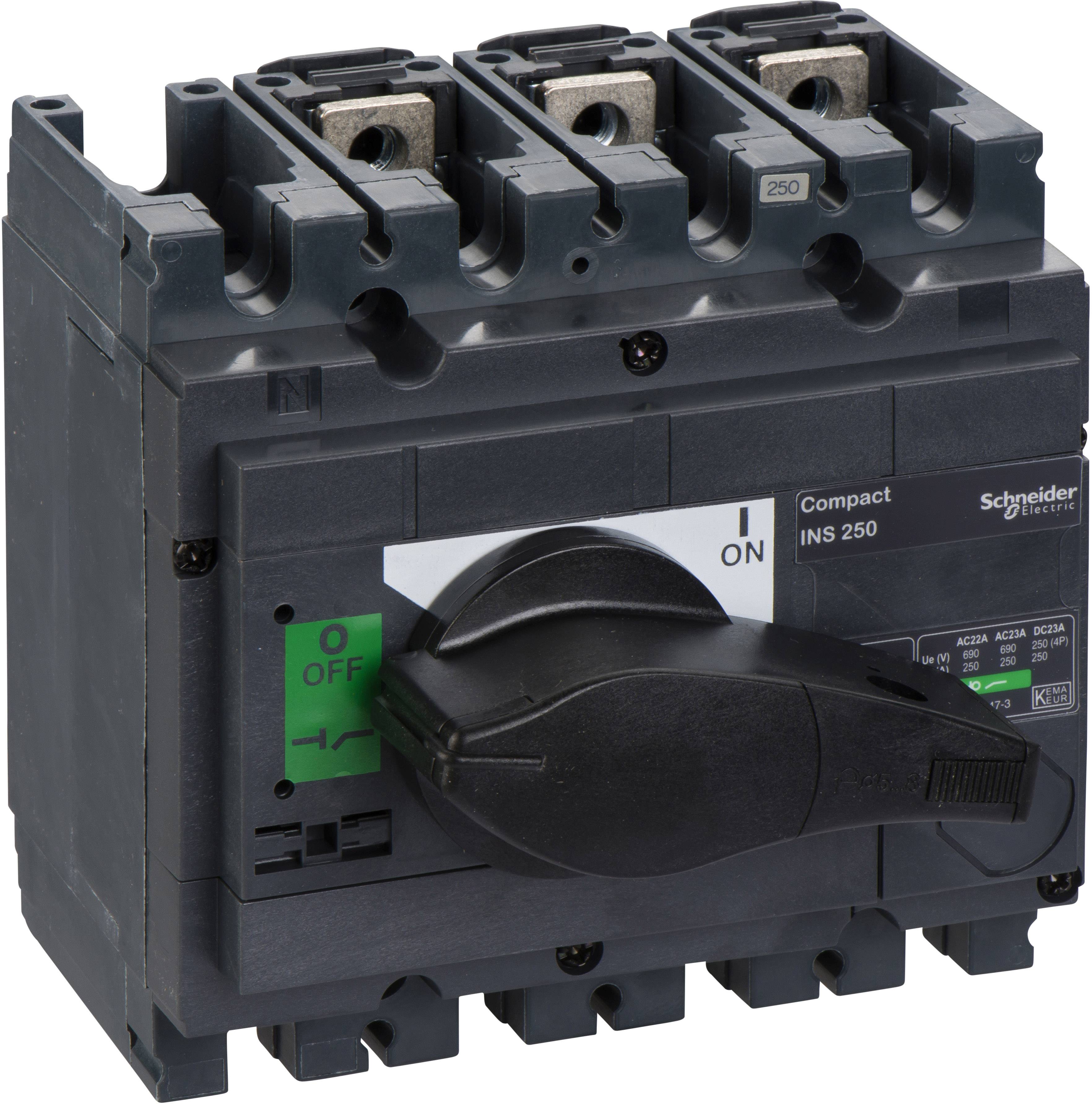 Černý výkonový spínač od Schneider Electric s páčkou pro přepínání mezi 'ZAP' (zapnuto) a 'VYP' (vypnuto).