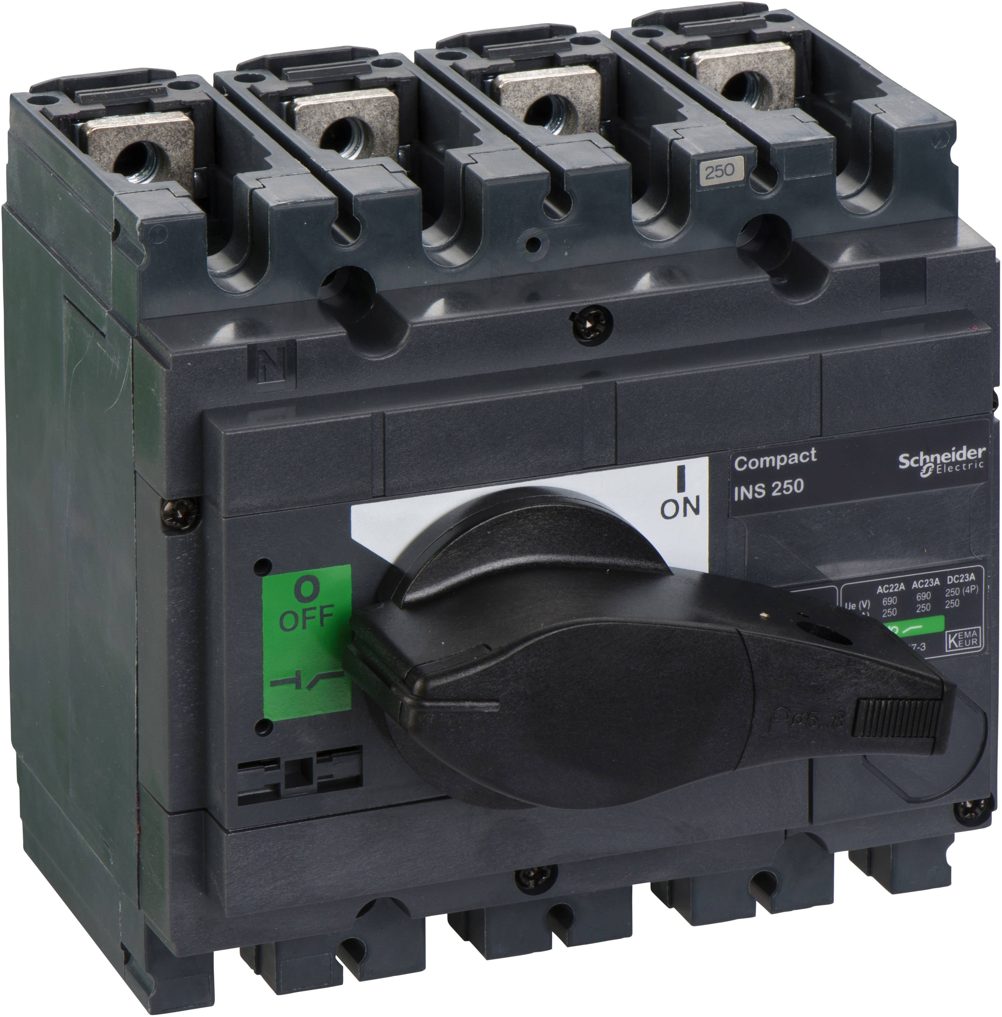 Černý průmyslový spínač s otočným ovladačem, zelený nápis 'ZAP' a červený nápis 'VYP', od Schneider Electric, model INS 250.