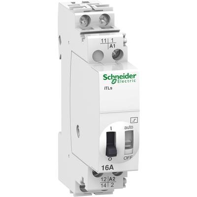Bílý elektrický spínač od Schneider Electric s označením 16A. Má nastavení pro manuální a automatický provoz.