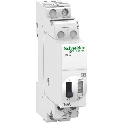 Bílý výkonový spínač od Schneider Electric s zeleným logem a nápisem 'iTLm', polohami přepínače 'I/auto' a 'O/OFF', 16A.