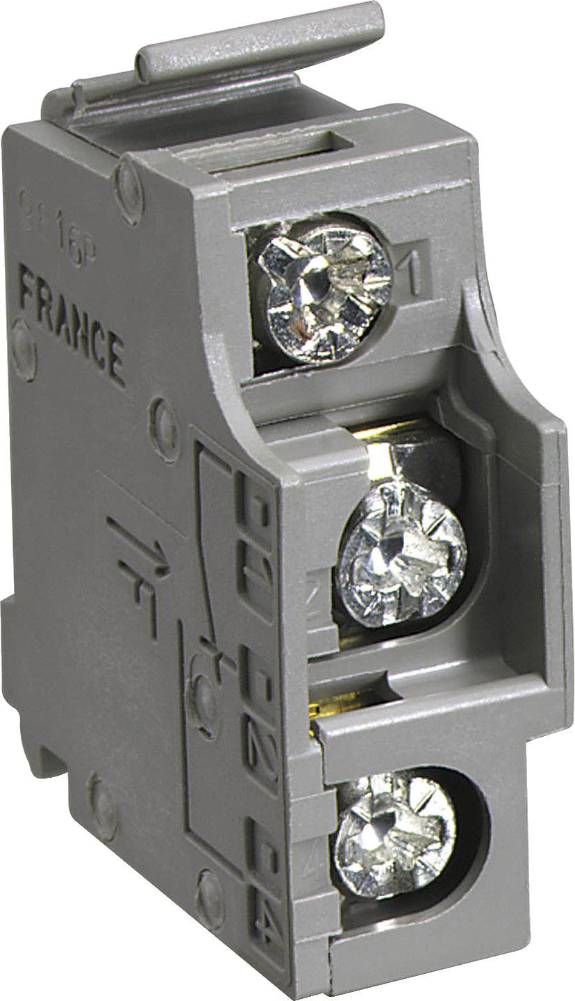 Šedý elektrický svorkovnicový modul se dvěma šroubovými spoji, na kterém je nápis "FRANCE".