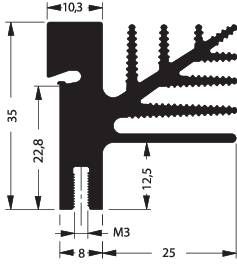 Technický výkres chladiče s rozměry: 35 mm výška, 25 mm délka, 10,3 mm horní šířka, 8 mm dolní šířka, závit M3.