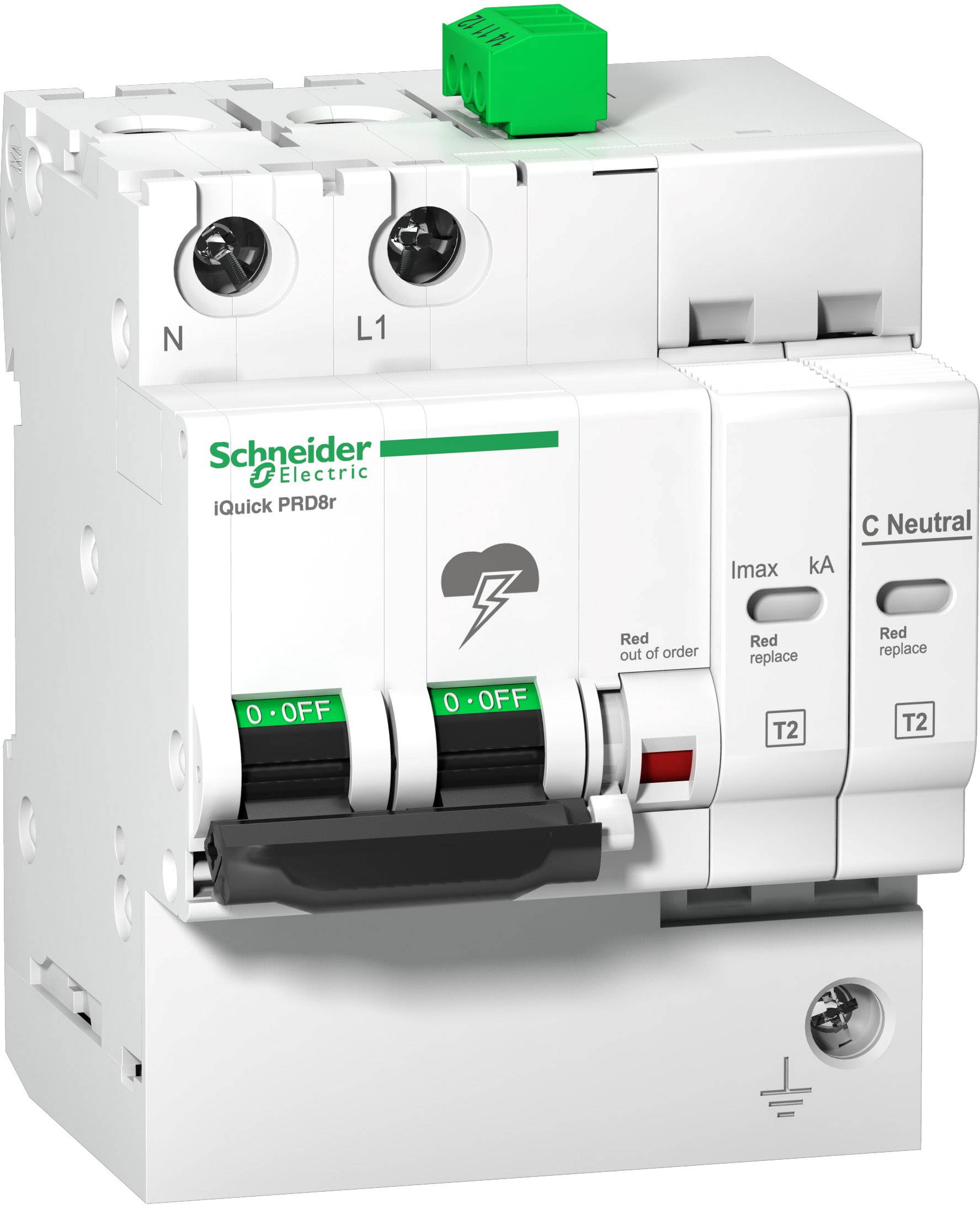 Elektrický jistič 'Schneider Electric', třípólový, se zeleným ovladačem; elektrická pojistka pro ochranu před přetížením a zkratem.